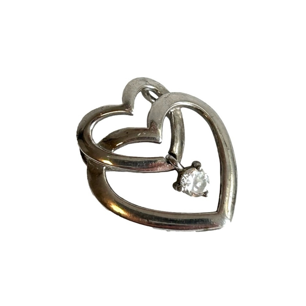 Double Heart 925 Silver Sliding Pendant With Dangling Single Rhinestone